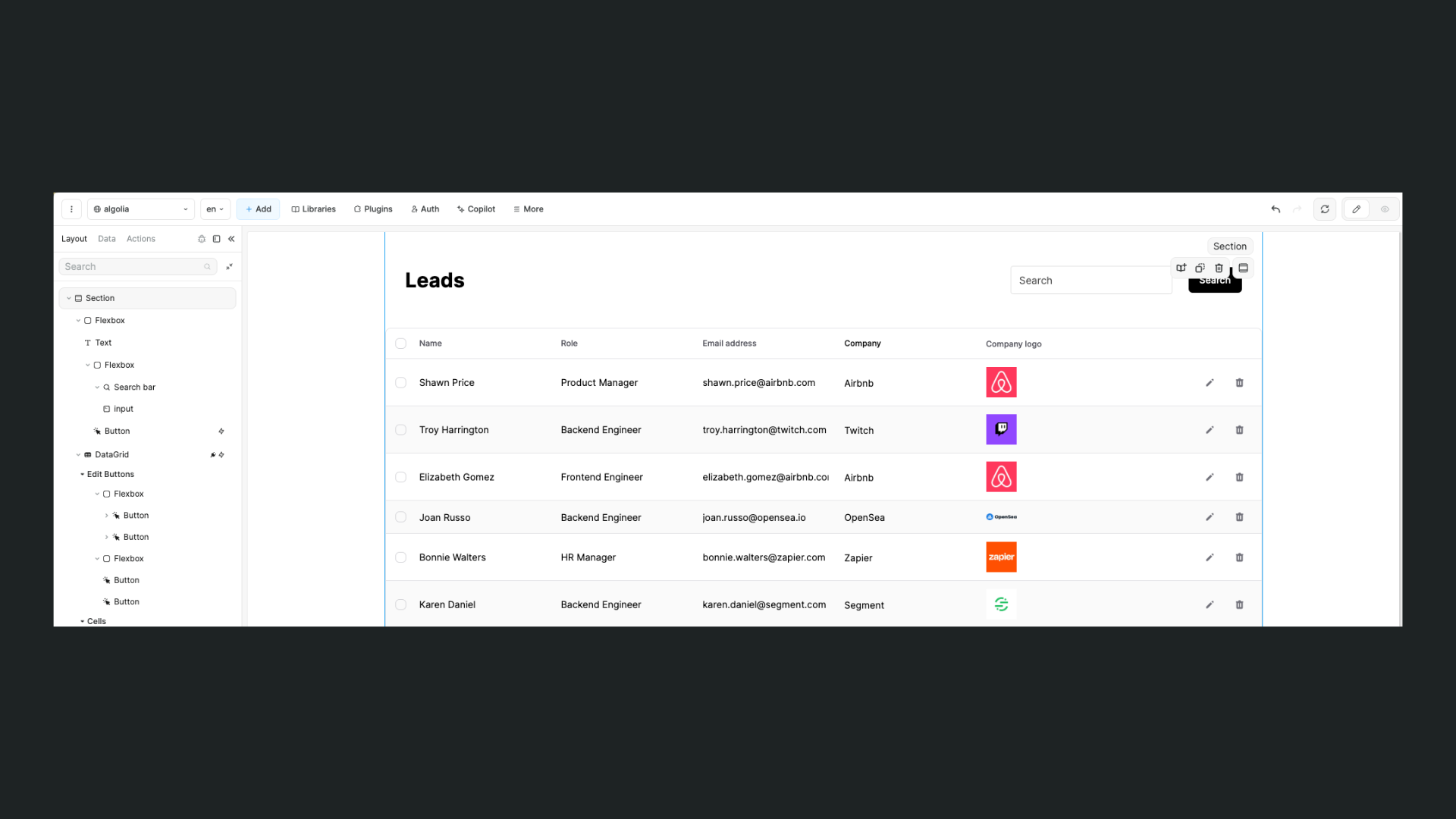 Algolia data in a WeWeb data grid element