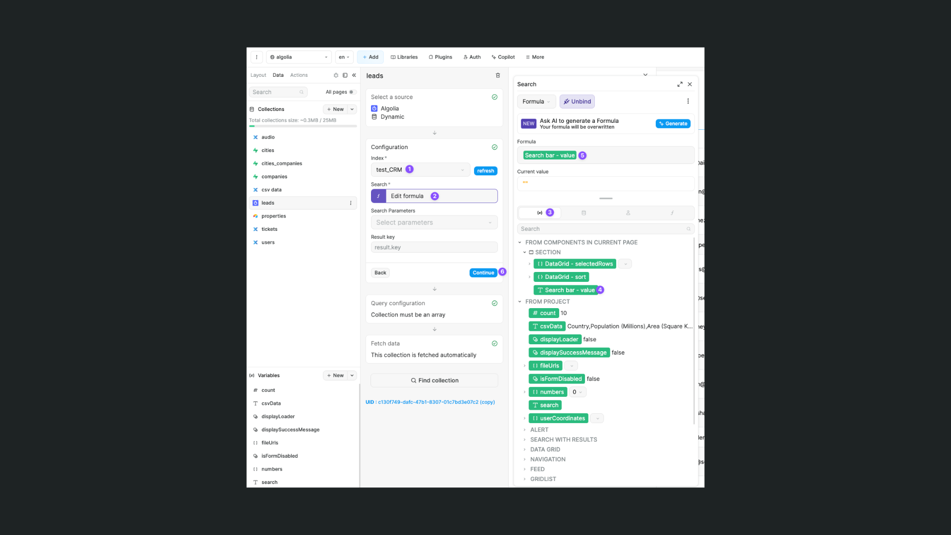 Search variable in Algolia collection