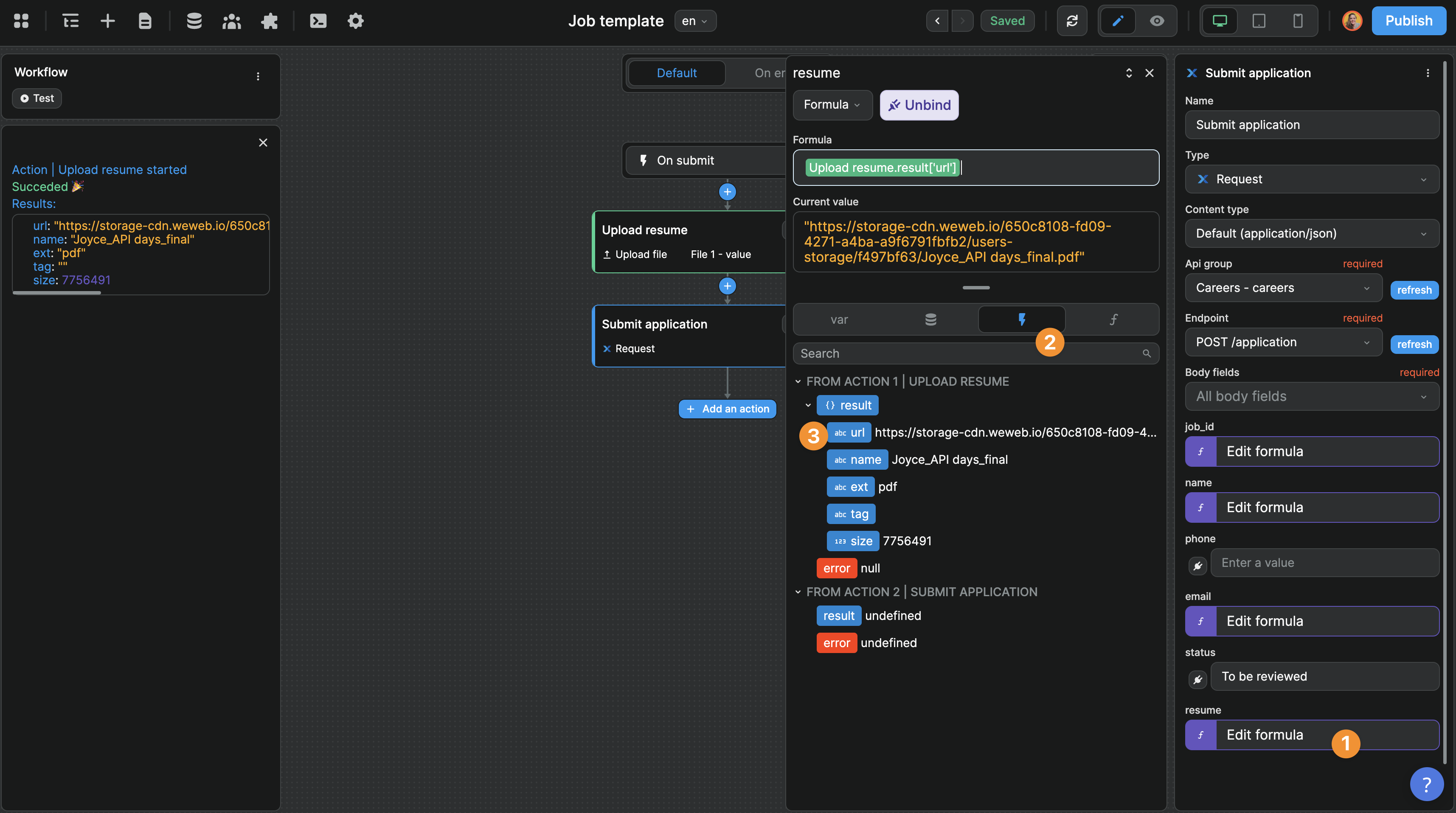 Result from previous action in a workflow