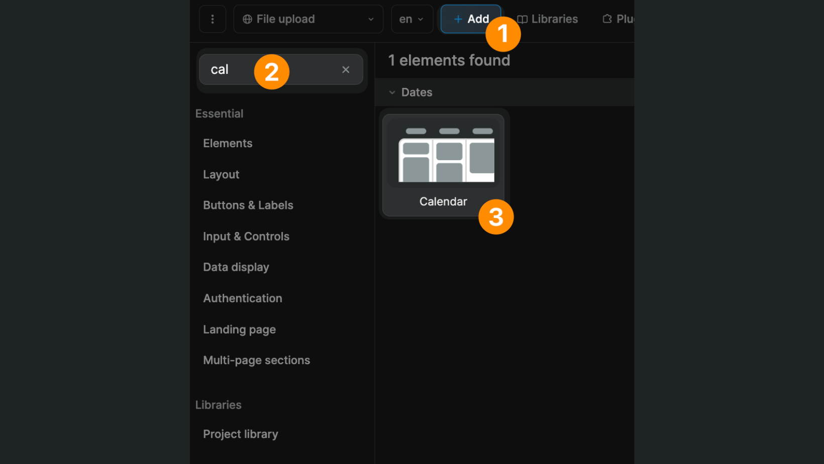 Calendar element in the Add panel