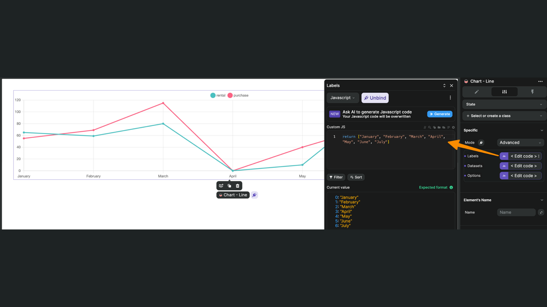 Line chart Advanced mode label
