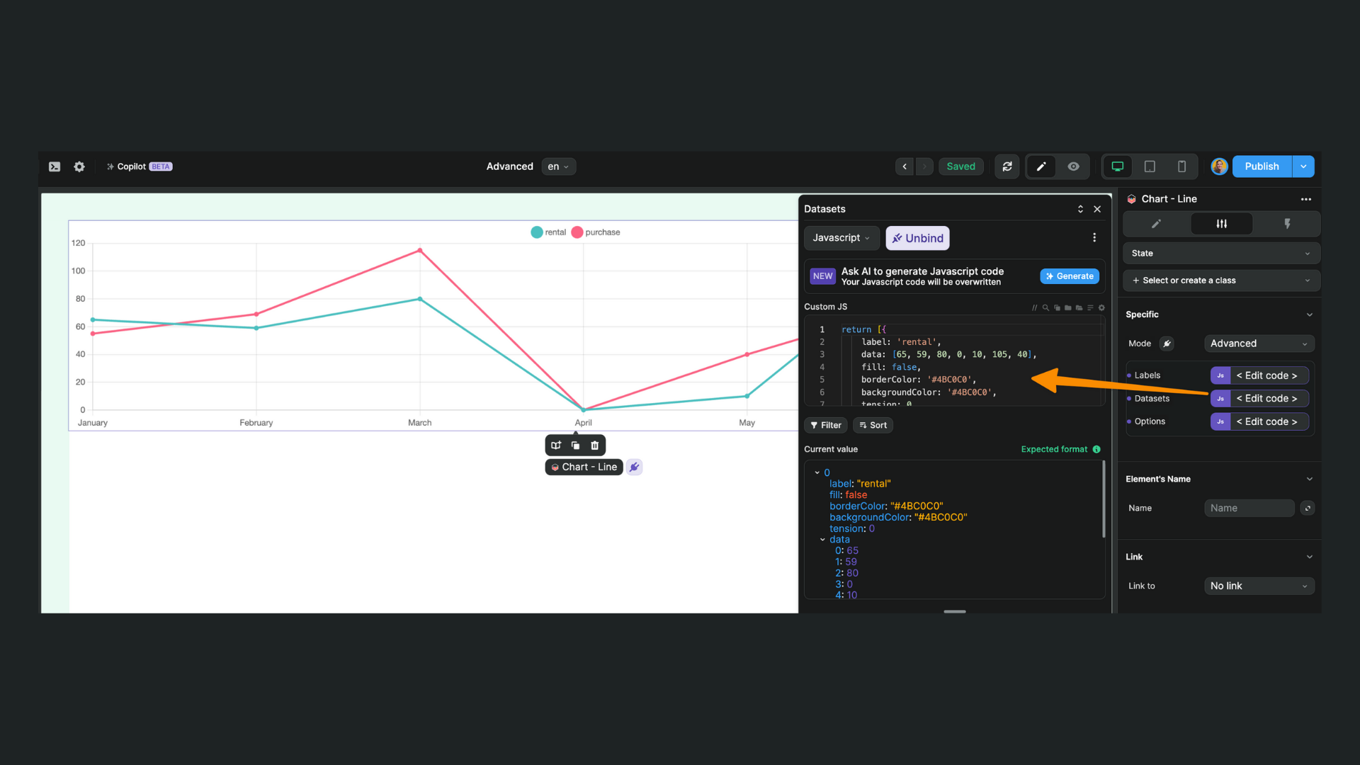 Line chart Advanced mode datasets