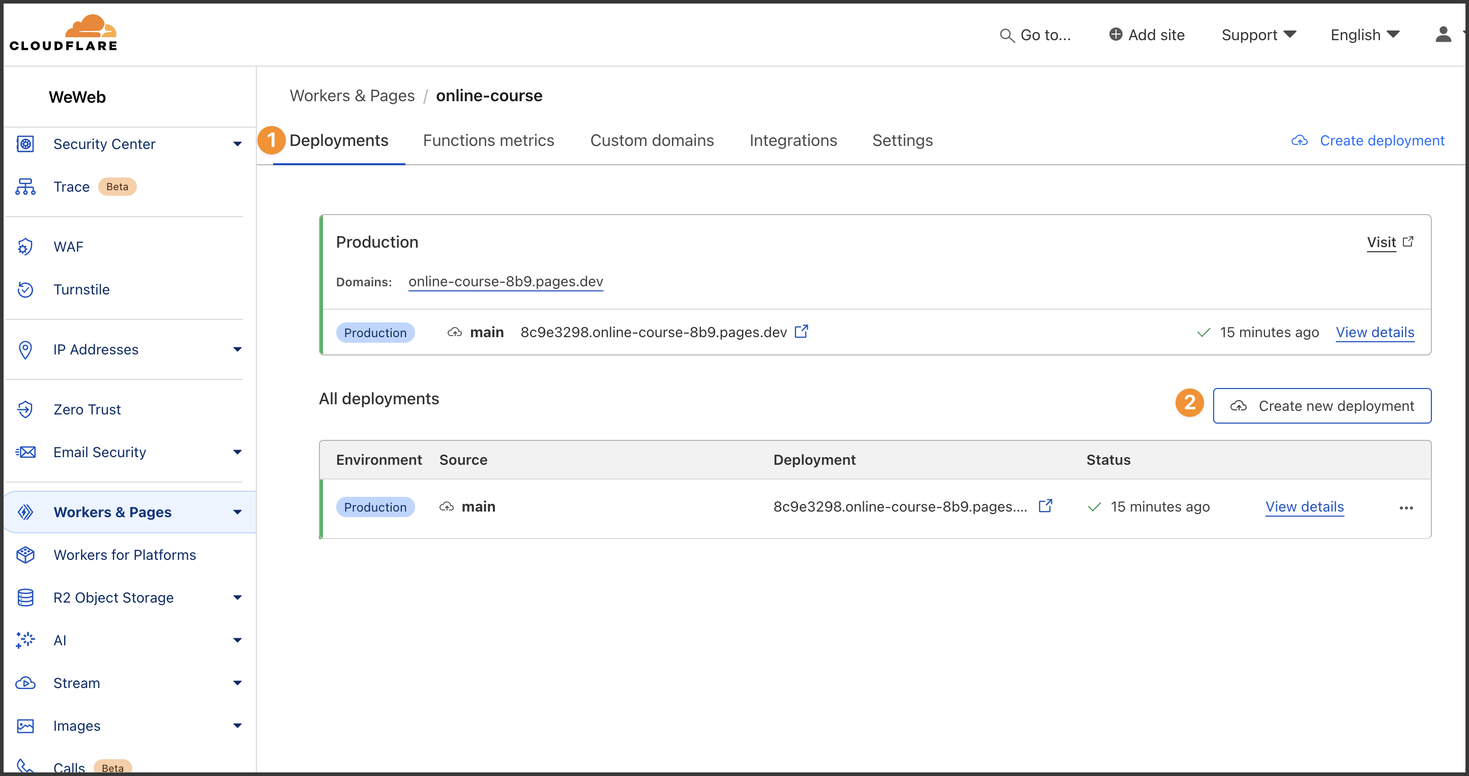 New deployment in the Overview tab being created