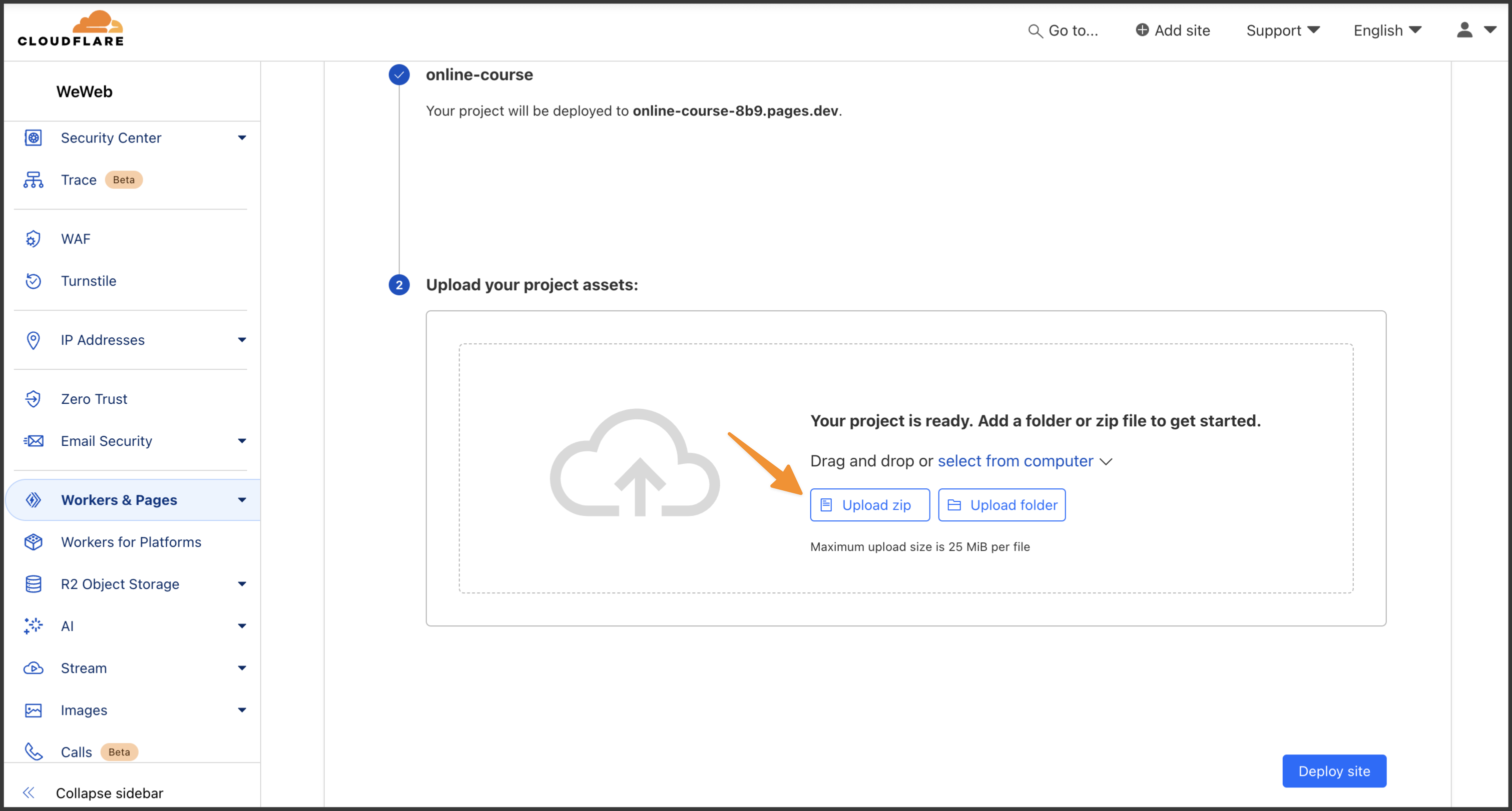 Zip archive upload on Cloudflare