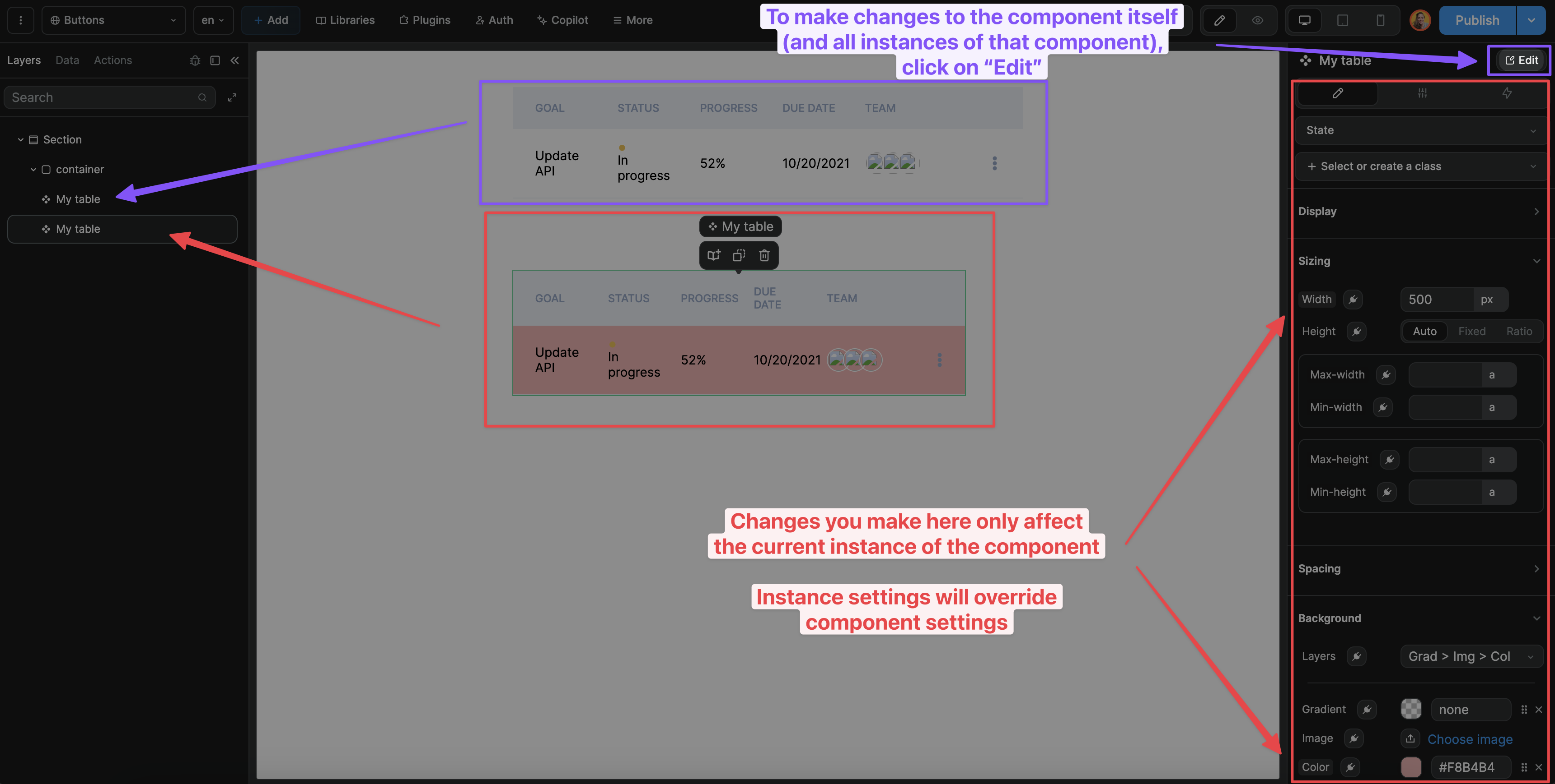 Editing a component instance