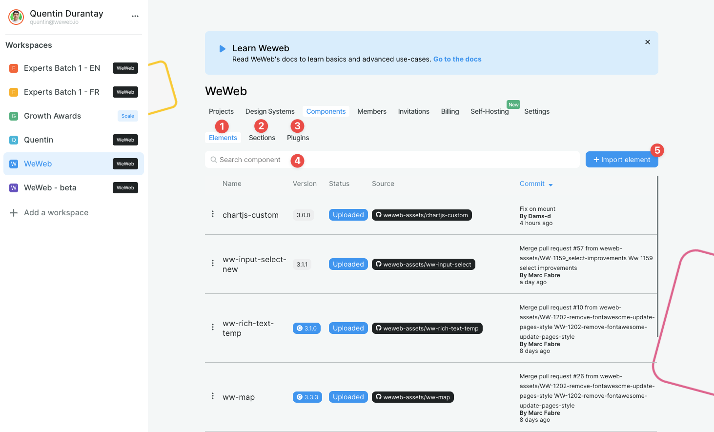 The components tab inside a WeWeb workspace