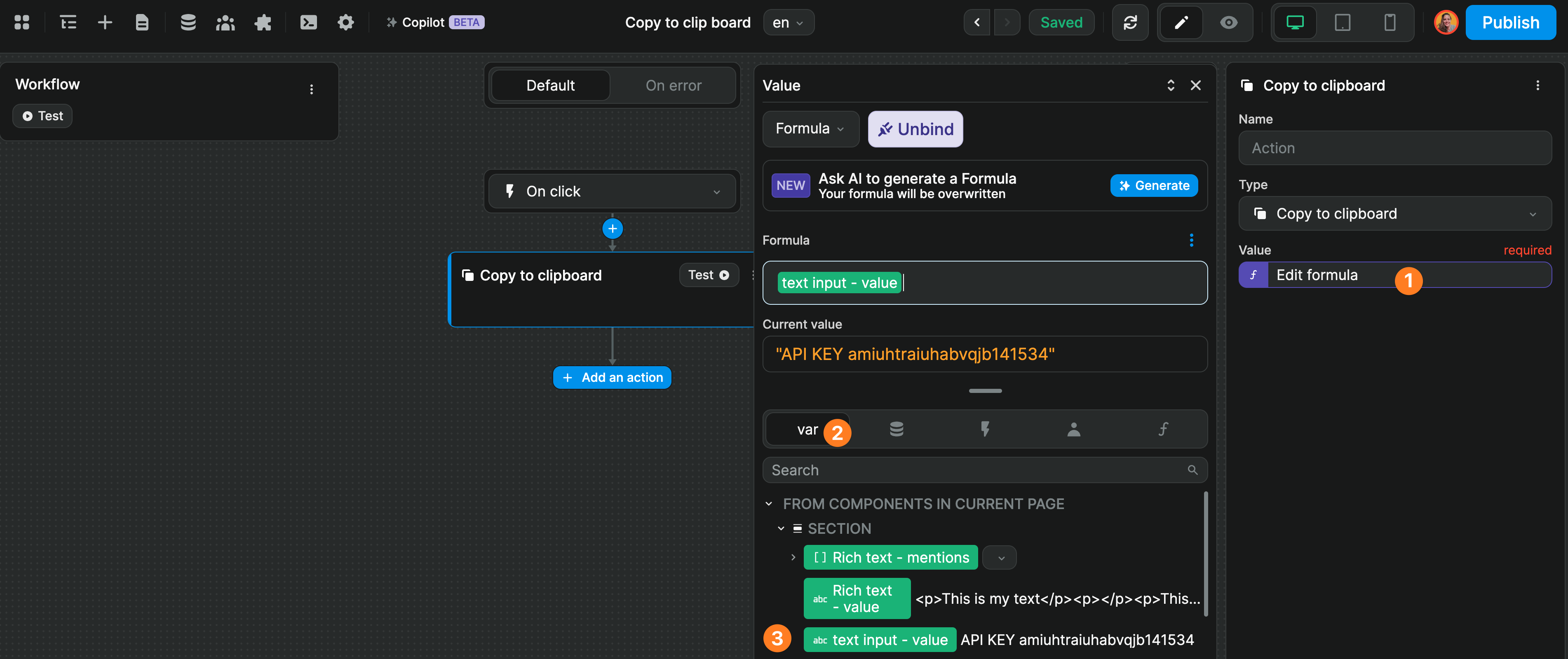 Copy to clipboard action with variable