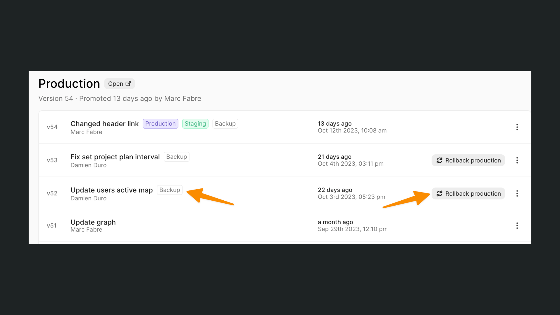 List of app versions that were pushed to production