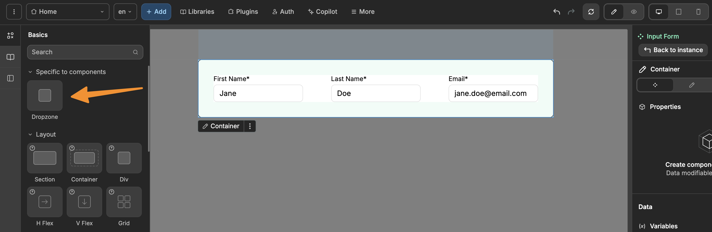 Dropzone at the top of element list