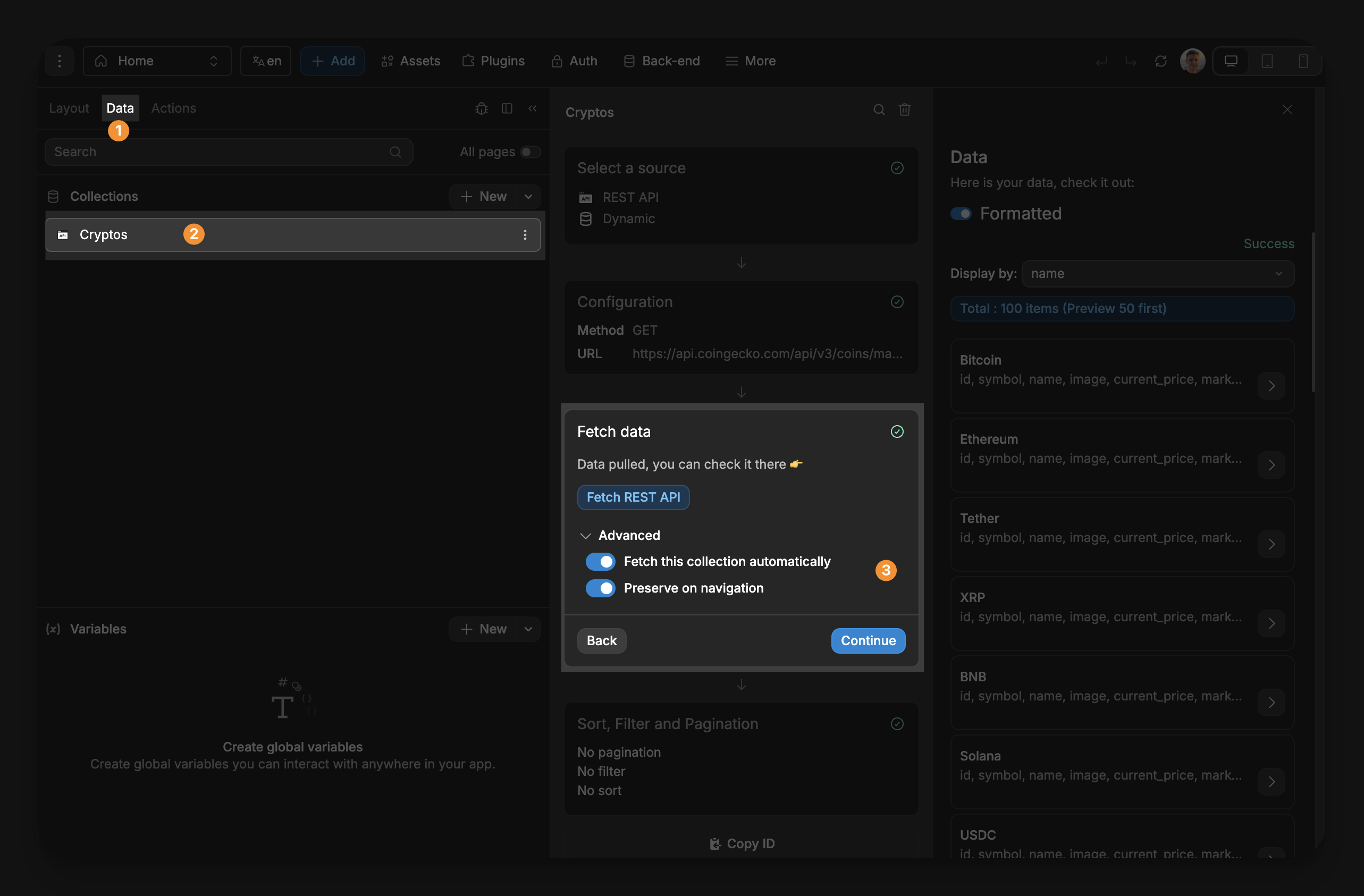 Advanced fetching options for collections in WeWeb