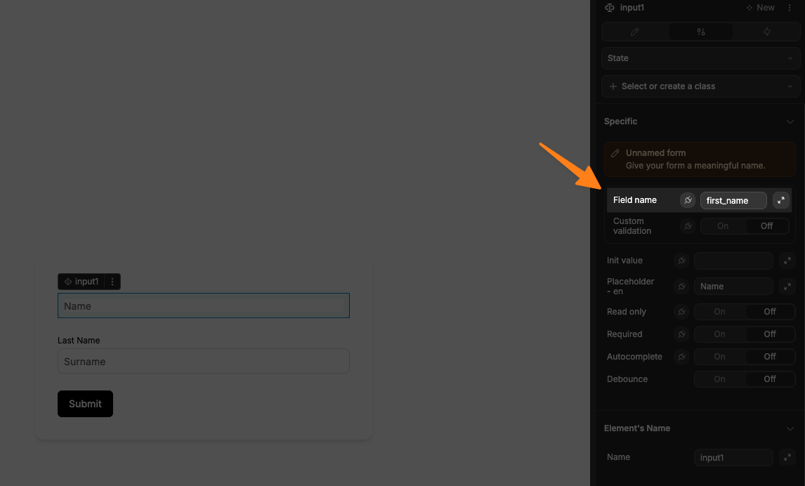 Input name field in settings