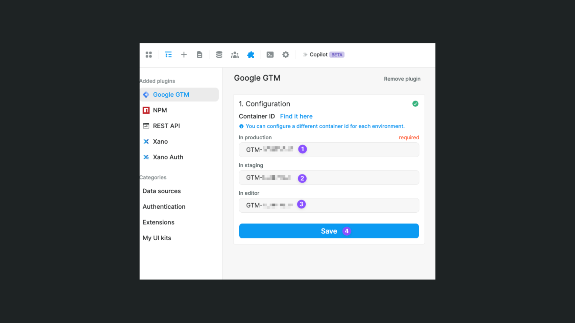 Setting up container IDs for Google Tag Manager on WeWeb