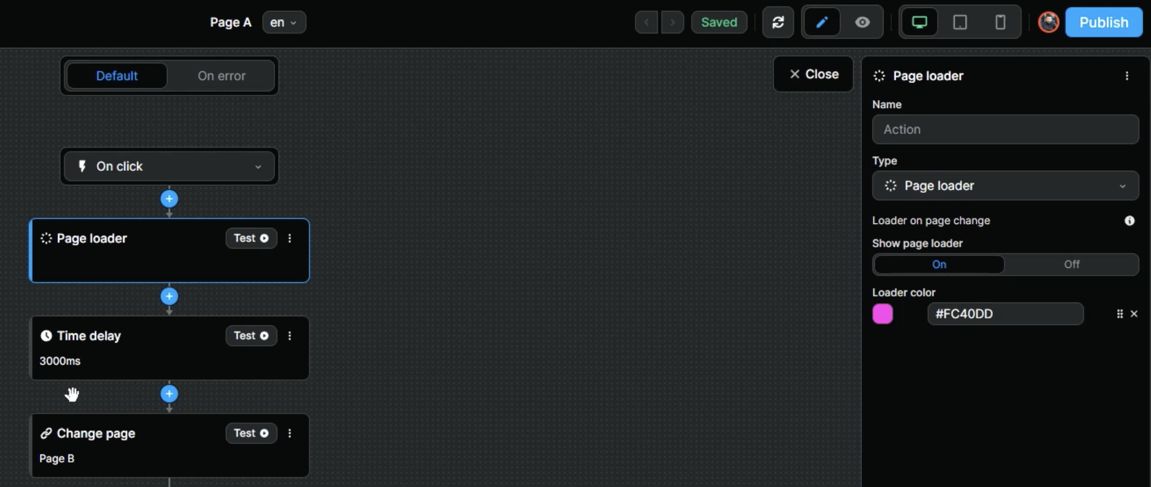 Page loader action in a workflow