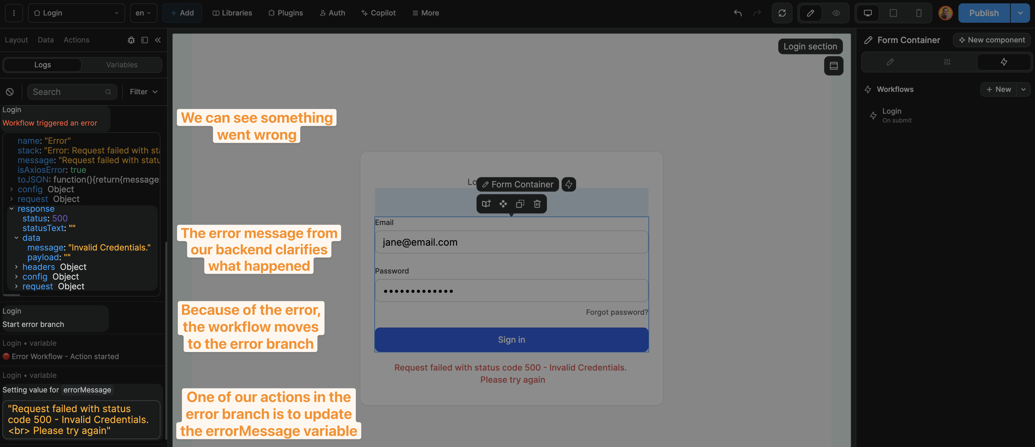 Looking at logs to debug a workflow
