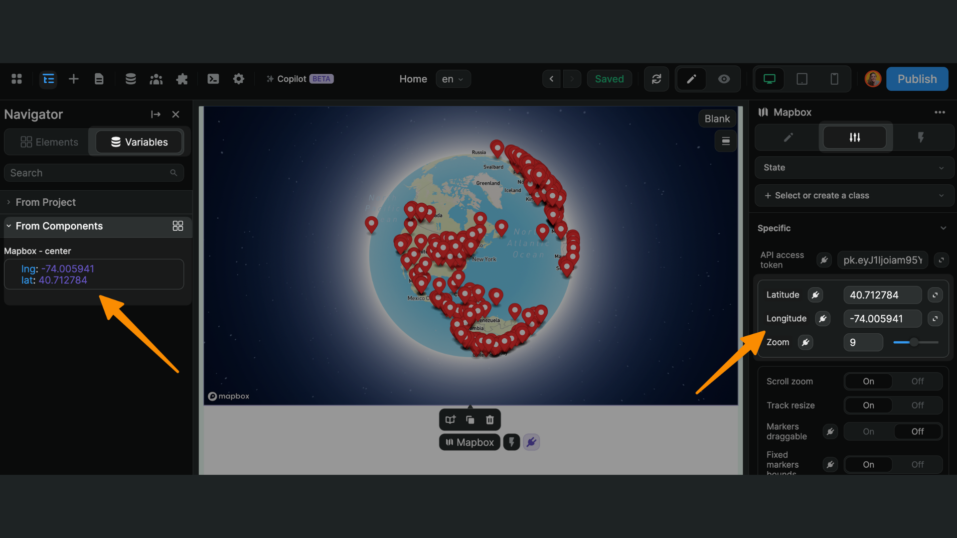 Mapbox center variable