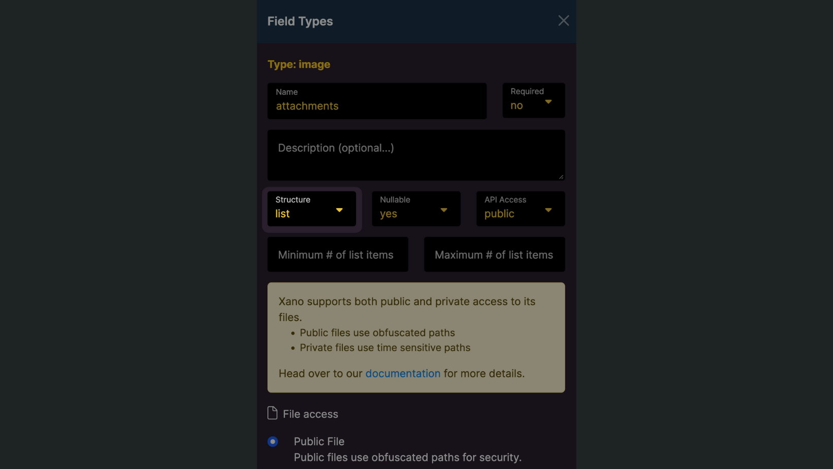 Structure of attachment field in Xano
