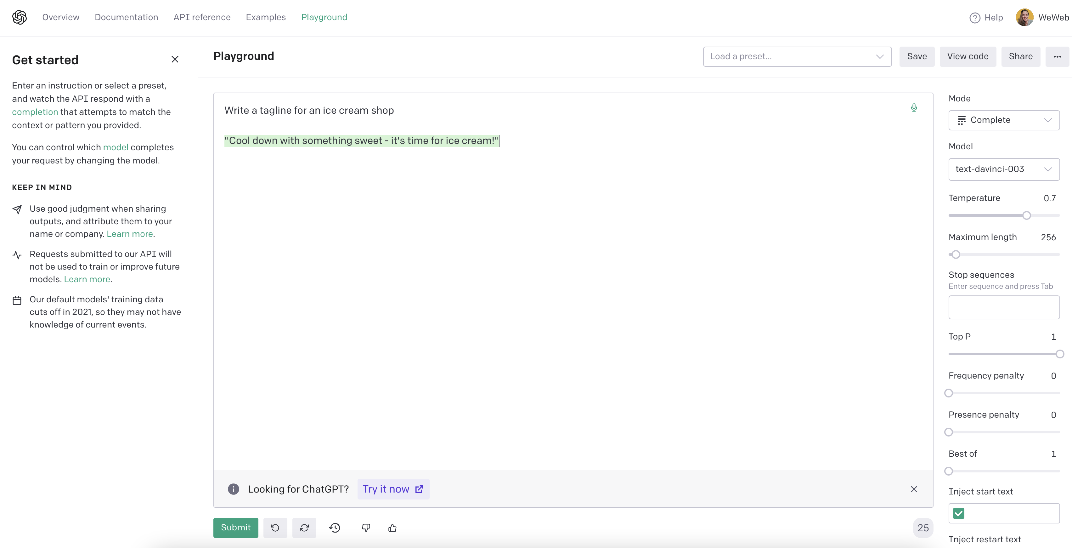 OpenAI completion playground example