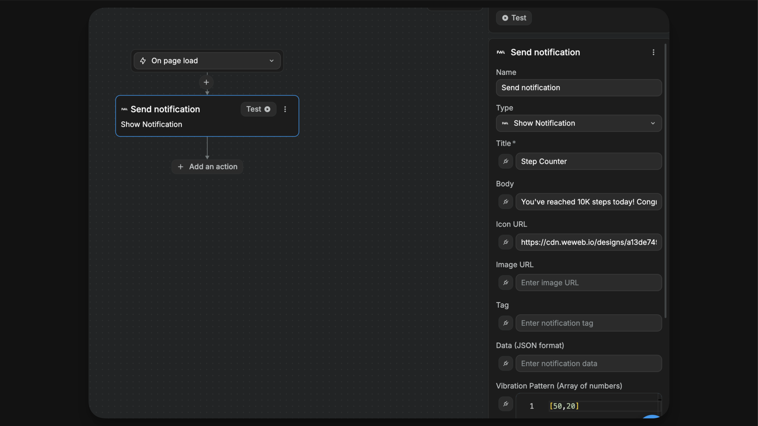 Show notification action properties