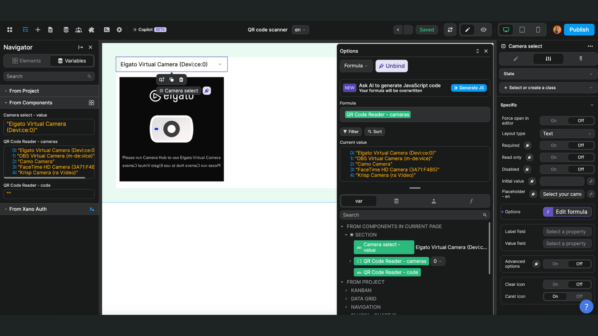 QR code reader selected camera