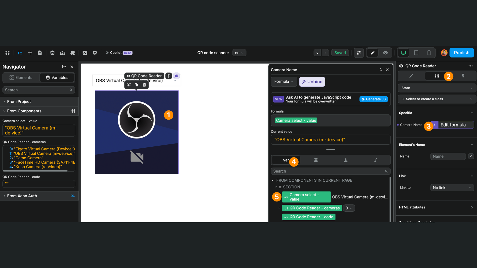 QR code reader selected camera