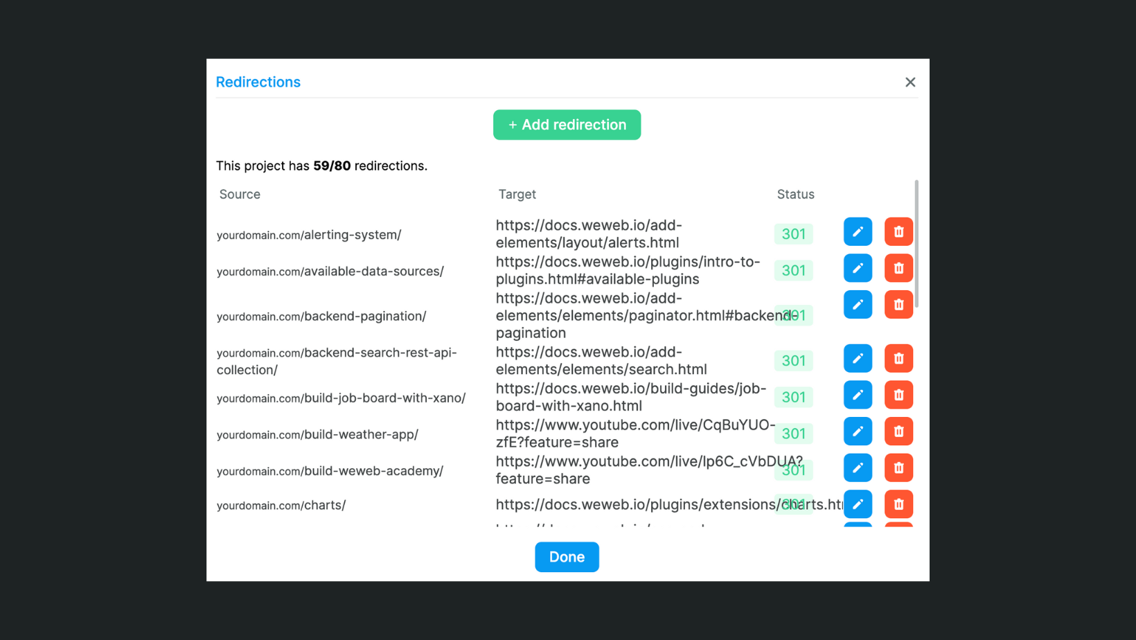 WeWeb project redirections