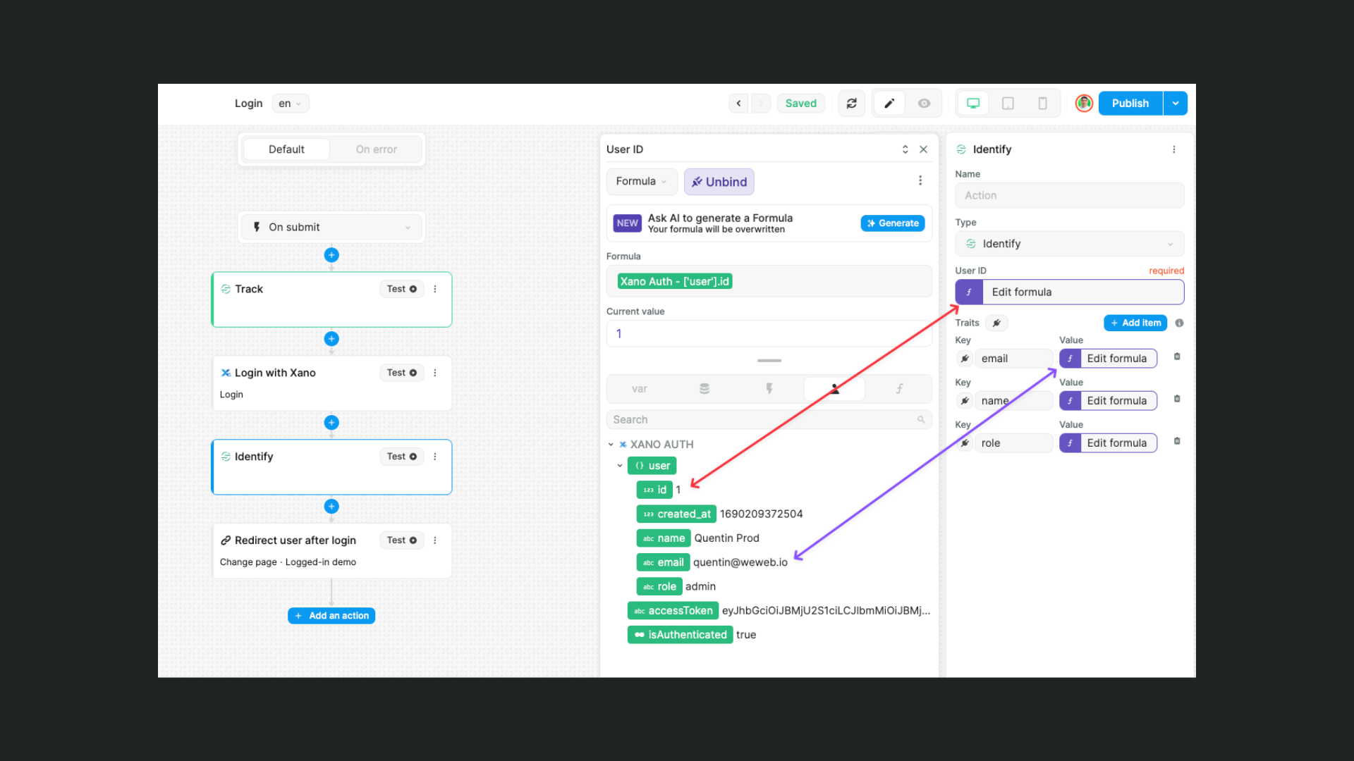Adding the Identify action for Segment on WeWeb