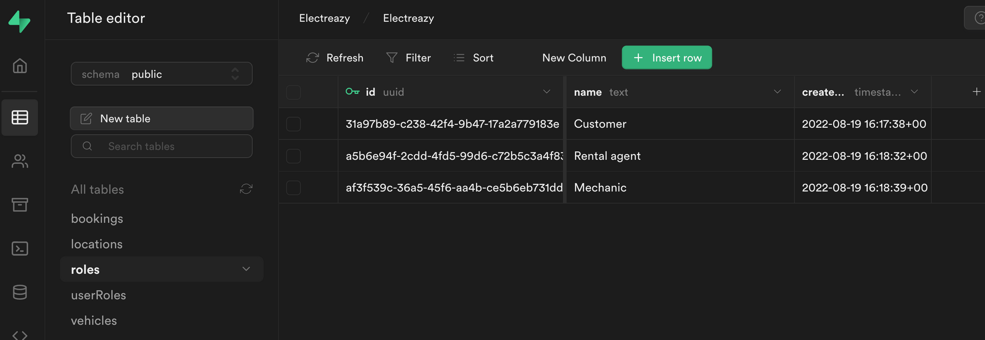 Roles table in Supabase