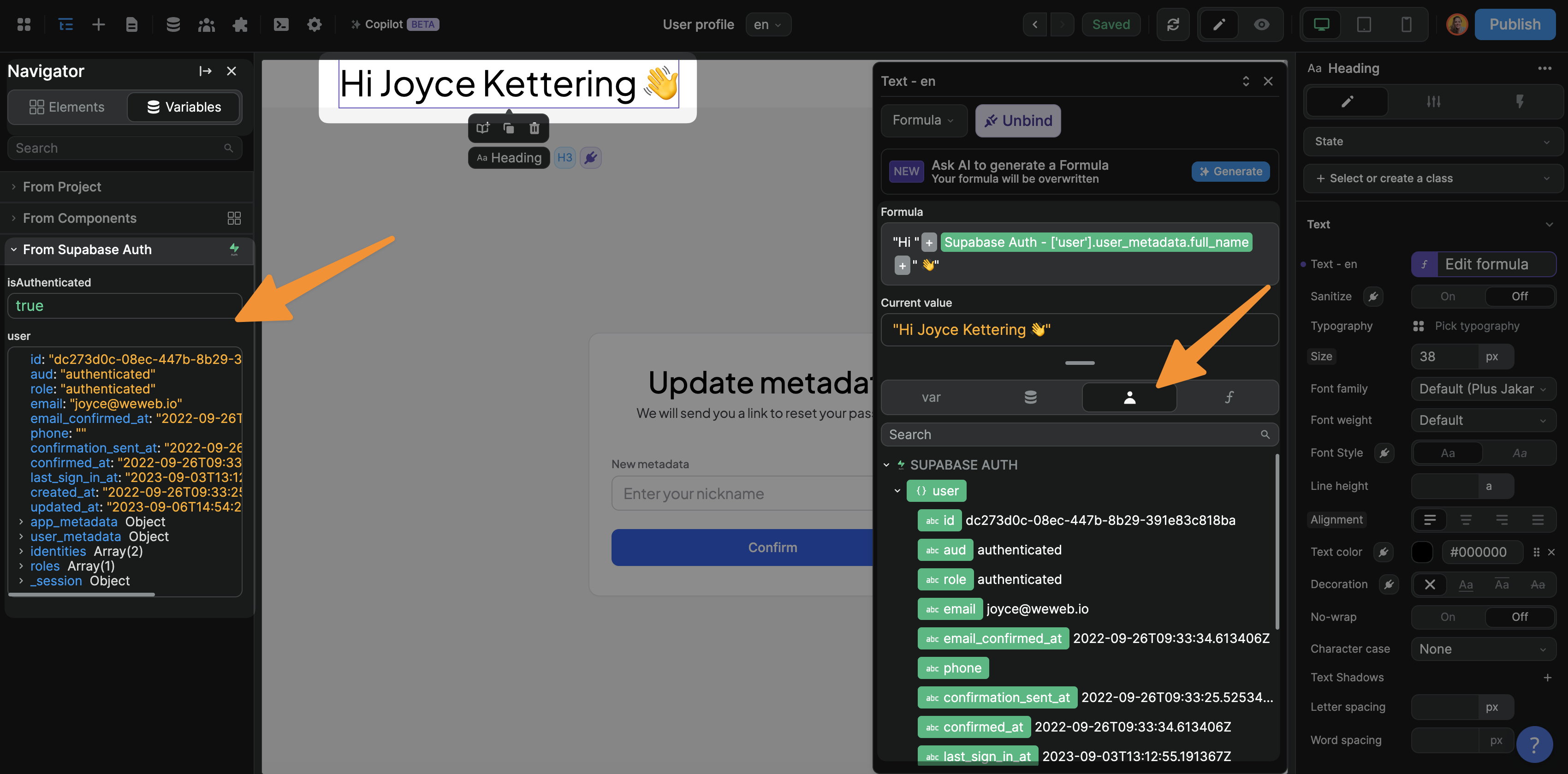 Authenticated user variable in WeWeb