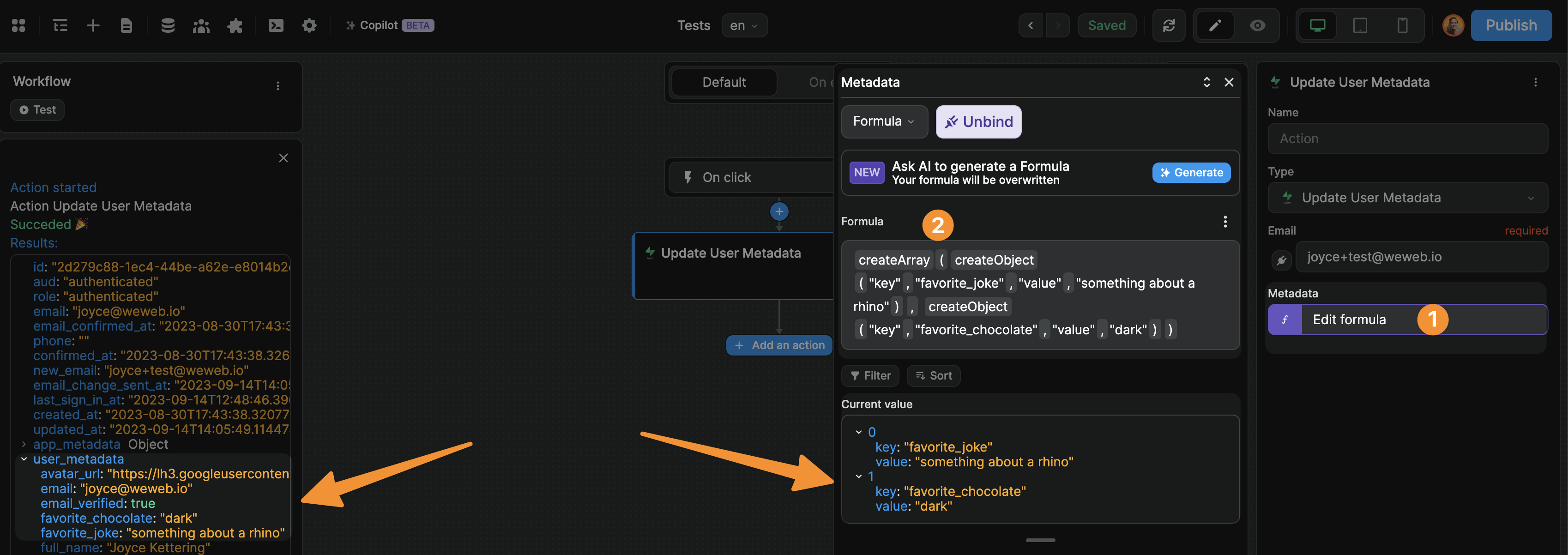 Update user metadata action with custom key values in no-code