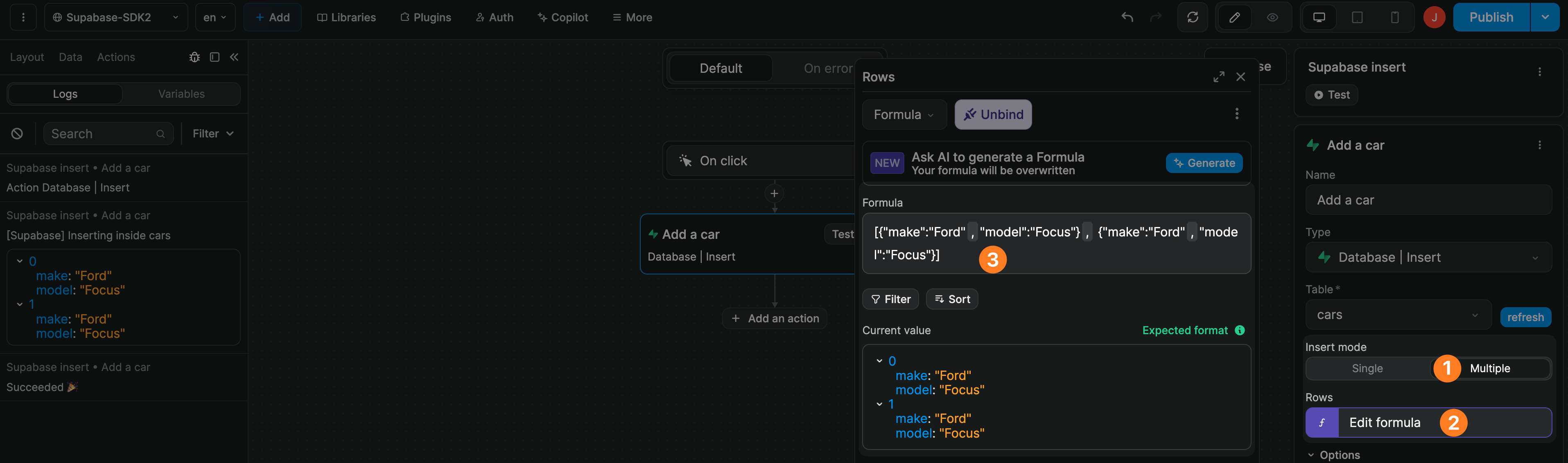 Send rows object to Supabase