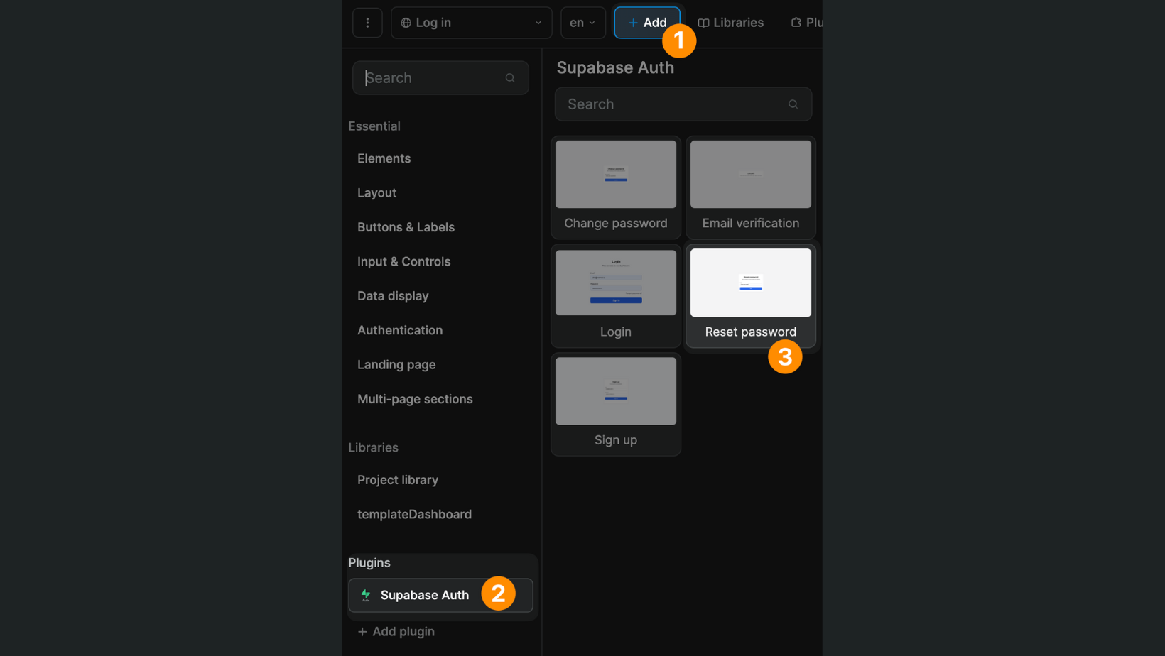 Supabase reset password UI element