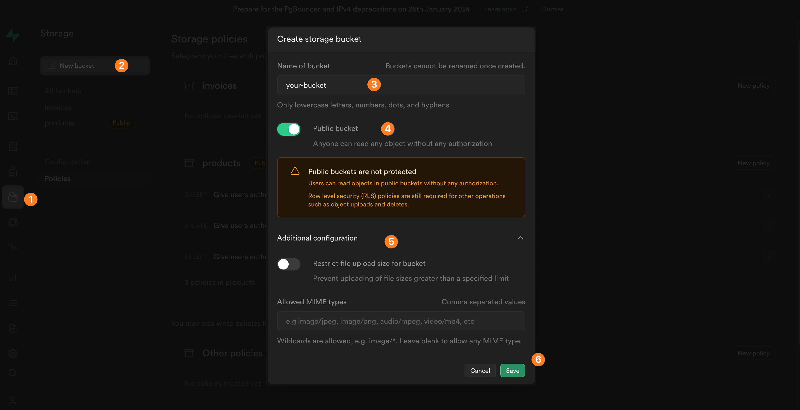 Create new storage bucket in Supabase