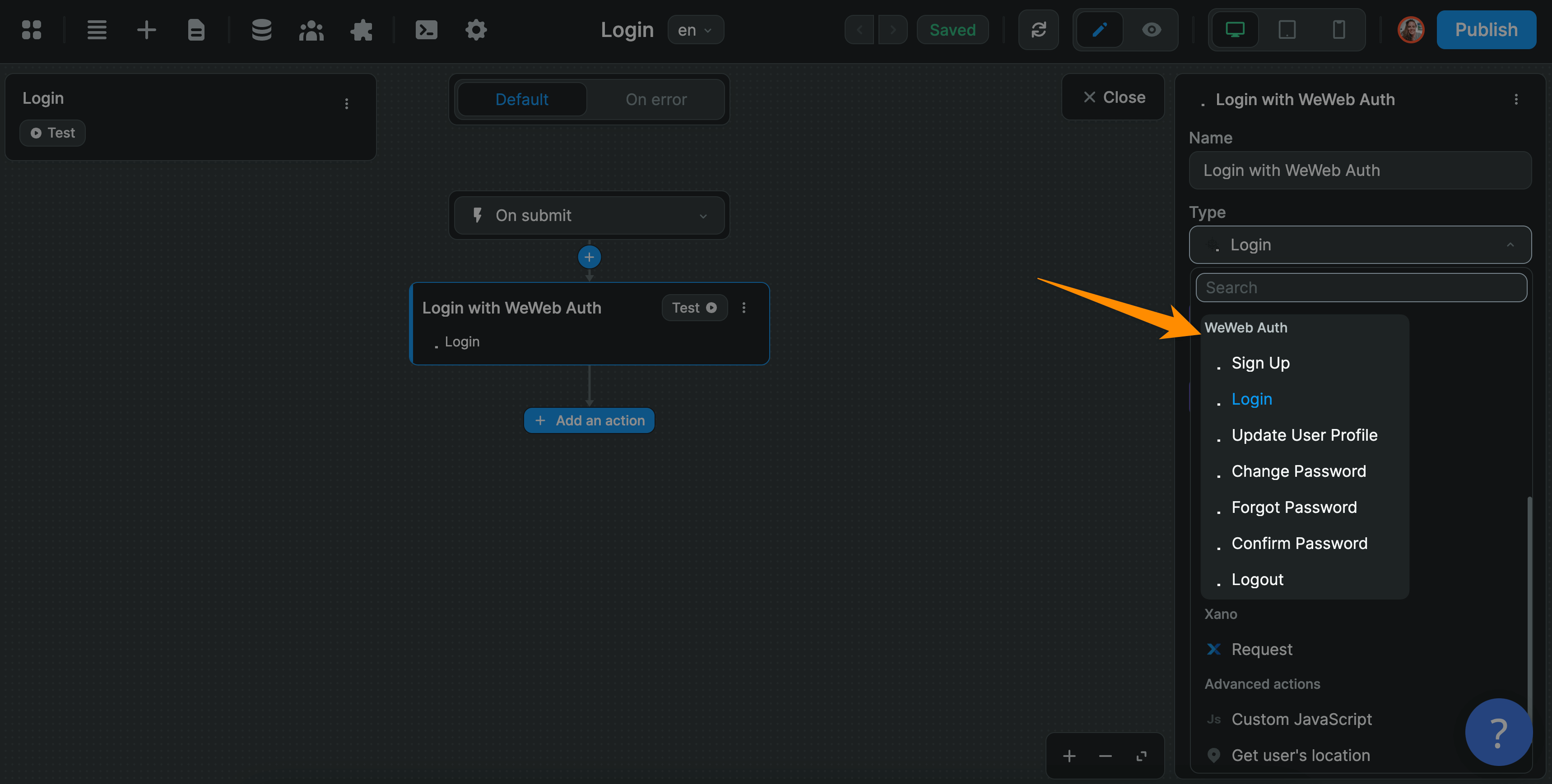 WeWeb auth workflow actions