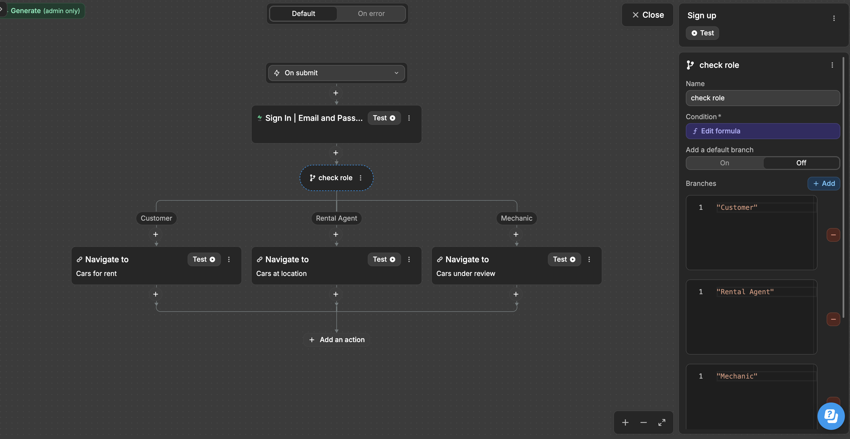 Workflow structure showing trigger and actions