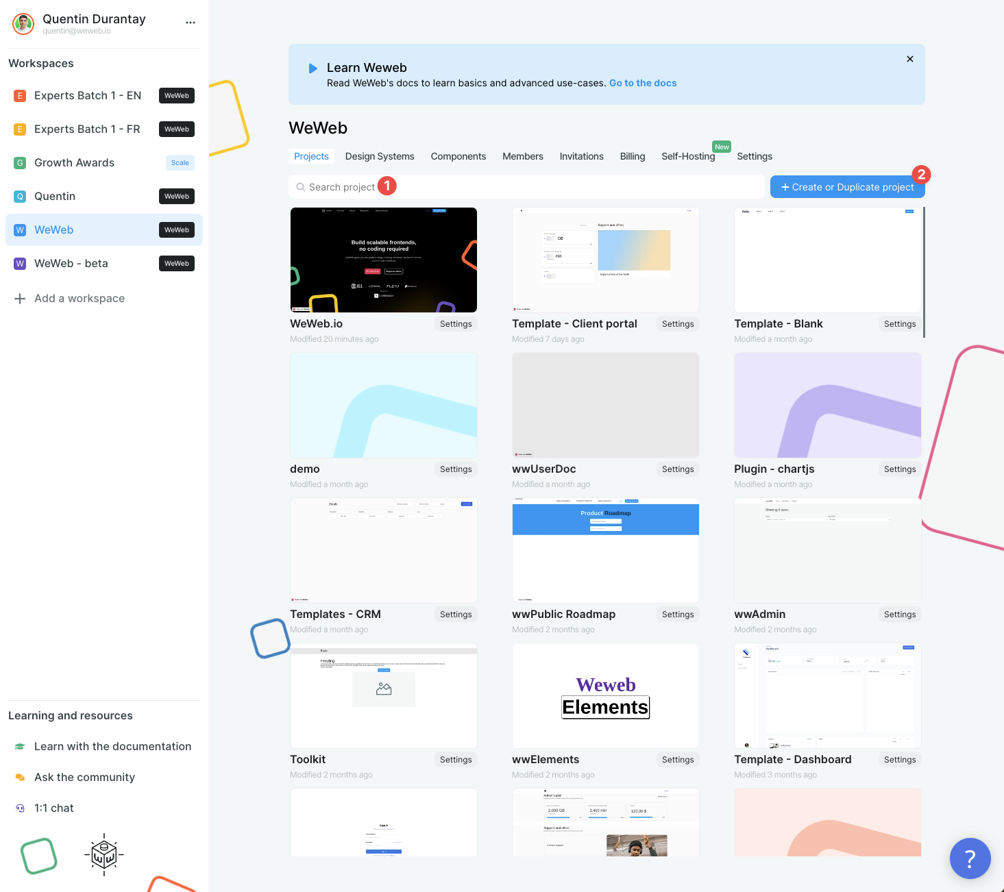 The projects tab inside a WeWeb workspace
