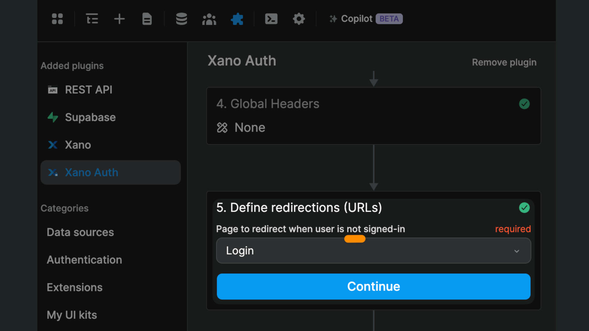 Xano auth page redirection