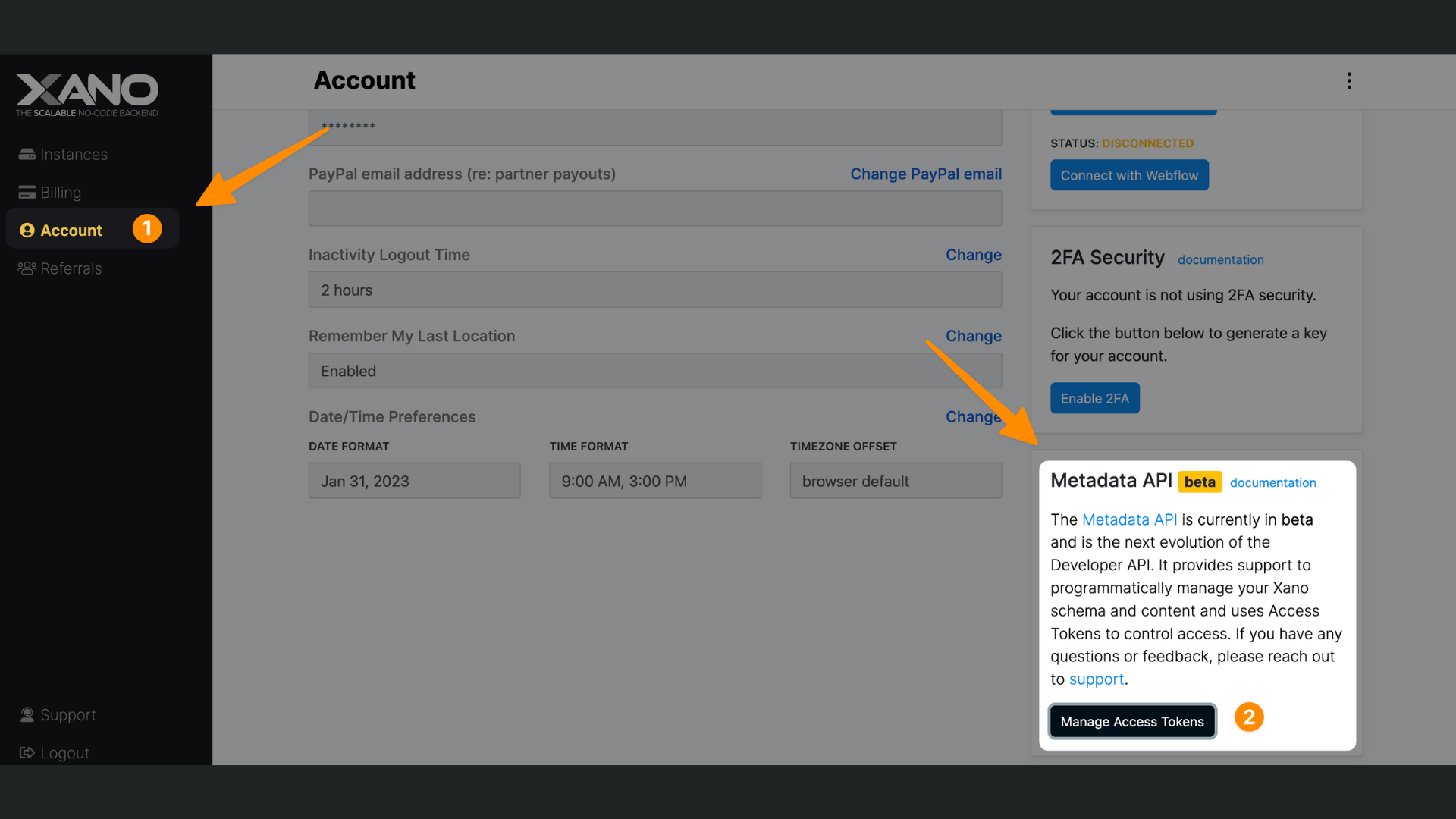 Find Xano access token in account
