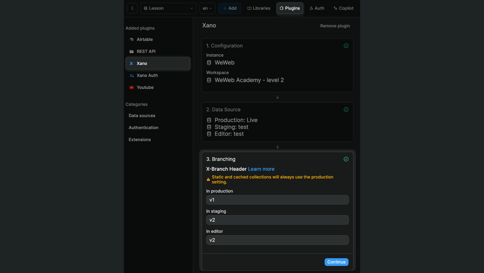 Xano branches in WeWeb